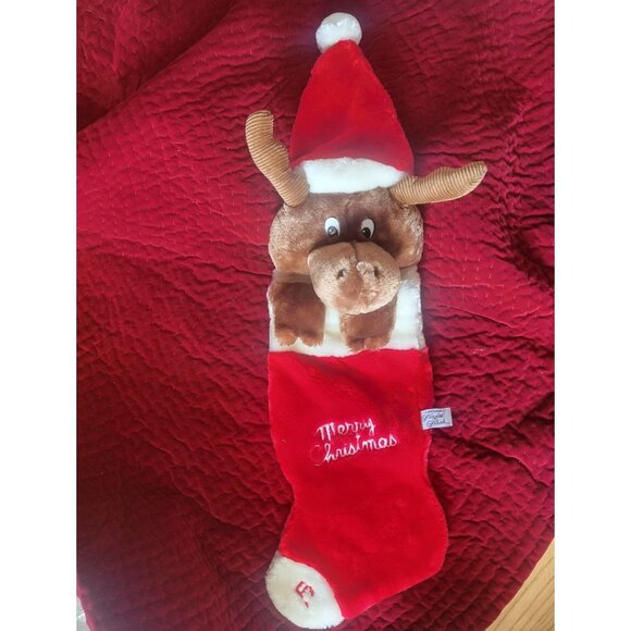 Chrisha Plush Christmas Stocking Moose Embroidered Merry Christmas 1988 - Picture 1 of 9